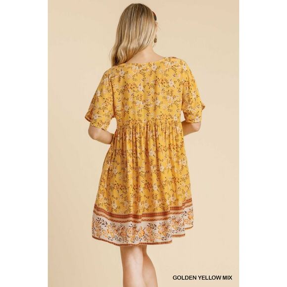 Umgee Gold Yellow Short Sleeve V-Neck Floral Print Boho Babydoll Mini Dress, S - Picture 3 of 5